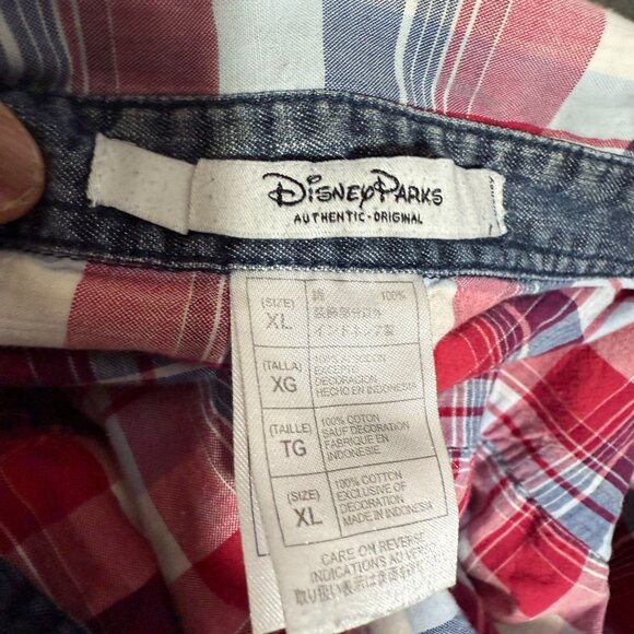 Disney Parks Plaid Pearl Snap Button Down Mickey Mouse Shirt Men's Size XL Red - Picture 8 of 9